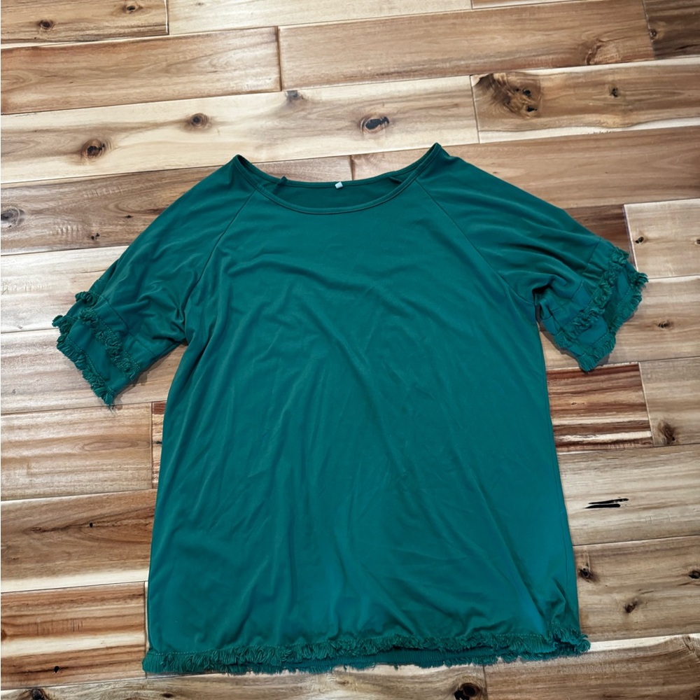 Women's Teal Short-Sleeve Fringe Hem Top